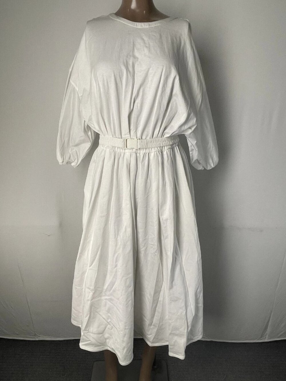 NEW Moncler Womens Midi Dress White Size XS Cotton Round Neck Belted Balloon Slv